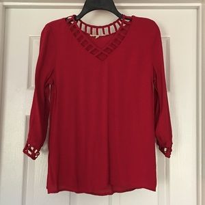 Red V-neck Dress Shirt.